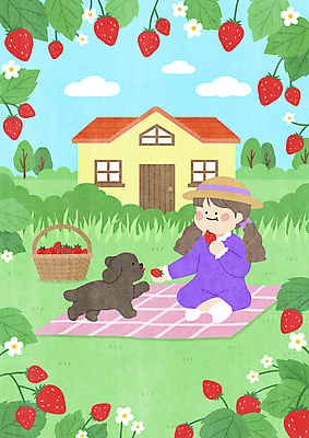 전신 PSD 나무 구름 한마리 여자 반려견 어린이 일러스트 하늘 딸기 휴식 주택 한명 앉기 소녀 잔디 반려동물 정원 봄풍경 봄 강아지 먹기 돗자리 주기 딸기꽃 봄소풍 소풍바구니 소녀한명만 딸기잎 국내일러스트 자연요소 식물 동물 1 계절 꽃 컨셉 잎 과일 모션 사람 풍경 건물 소풍 바구니 개 여자한명만 소녀만 파일형식