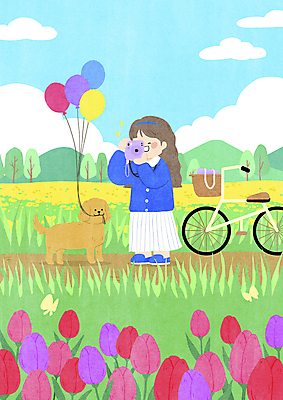 전신 PSD 구름 한마리 여자 반려견 길 어린이 나비 꽃밭 일러스트 하늘 한명 서기 들기 소녀 반려동물 자전거 사진촬영 봄풍경 봄 산책 튤립 풀 강아지 물기 유채 폴라로이드 풍선 소녀한명만 국내일러스트 자연요소 식물 동물 1 계절 꽃 곤충 모션 휴식 사람 풍경 카메라 바이크 촬영 개 여자한명만 소녀만 파일형식