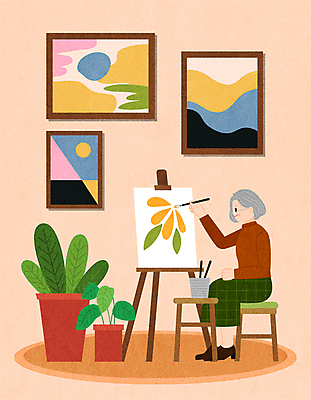 전신 여자 노년 화분 할머니 액자 의자 일러스트 미술 한명 앉기 취미 실버라이프 주황색 그리기 이젤 화실 작품 캔버스 화가 그림붓 화방 노인여자한명만 안경낌 국내일러스트 AI파일 직업 1 라이프스타일 안경 컬러 가구 모션 문화예술 사람 성인 미술도구 붓 미술실 여자한명만 노인여자만 파일형식 벡터