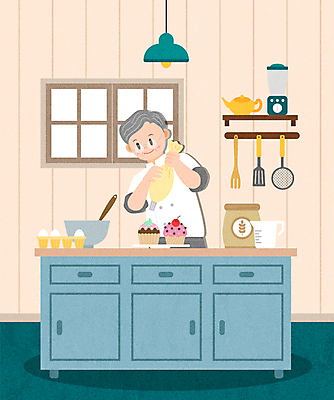 할아버지 노년 남자 일러스트 창문 주전자 조명 선반 한명 들기 상반신 취미 실버라이프 주방 계란 채망 조리복 컵케이크 믹서 조리대 밀가루 제빵 뒤집개 계량컵 제빵사 짤주머니 믹싱볼 노인남자한명만 안경낌 국내일러스트 AI파일 직업 1 라이프스타일 그릇 안경 가구 유니폼 모션 주방용품 사람 성인 컵 제과제빵 케이크 알 가루 제빵도구 계량 남자한명만 노인남자만 파일형식 벡터