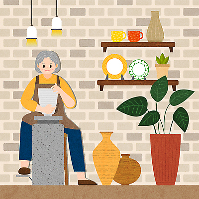 전신 접시 여자 노년 화분 할머니 일러스트 조명 선반 한명 앉기 취미 컵 실버라이프 앞치마 만지기 도자기 작업실 도자기공예 밟기 도자기물레 노인여자한명만 도자기공방 국내일러스트 AI파일 1 라이프스타일 식기 가구 모션 사람 성인 공예 물레 여자한명만 노인여자만 파일형식 벡터