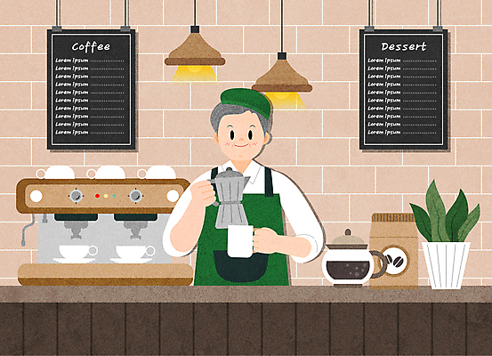 할아버지 노년 남자 화분 커피 유니폼 일러스트 조명 한명 들기 상반신 취미 실버라이프 갈색 앞치마 카페 머그컵 커피잔 커피포트 찻주전자 커피메이커 메뉴판 바리스타 에스프레소머신 노인남자한명만 원두봉투 국내일러스트 AI파일 직업 1 라이프스타일 옷 음료 컬러 모션 주전자 봉투 잔 사람 성인 컵 상점 커피용품 남자한명만 노인남자만 파일형식 벡터