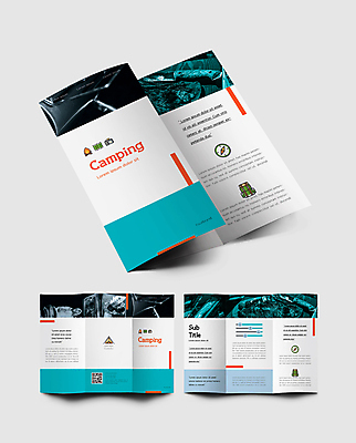 템플릿 접시 표지디자인 표지 내지 리플렛 하늘색 3단접지 배낭 그래프 텐트 스테이크 팜플렛 사람없음 캠핑 나이프 나침반 장작 모닥불 화로 QR코드 인디자인 INDD 이미지템플릿 그릇 식기 가방 불 레저 서양음식 캠핑도구 파란색 칼 파일형식