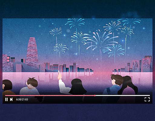 여자 남자 분홍색 일러스트 서울 폭죽 불꽃놀이 여러명 상반신 성인 건물 파란색 축제 가리킴 도시 한강 동영상창 소셜네트워크 성인만 유튜브 국내일러스트 AI파일 건축물 컬러 다수 놀이 한국 사람 손짓 동영상 랜드마크 파일형식 벡터