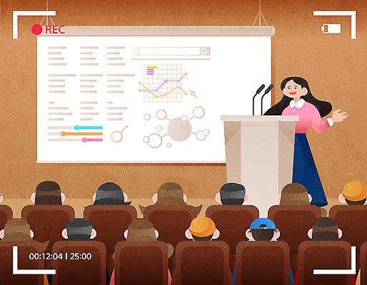 전신 여자 남자 의자 일러스트 수업 그래프 서기 앉기 여러명 상반신 성인 갈색 강사 강의 단상 롤스크린 성인만 오프라인 영상촬영 대면 국내일러스트 AI파일 직업 교육 컬러 가구 다수 모션 사람 스크린 촬영 파일형식 벡터