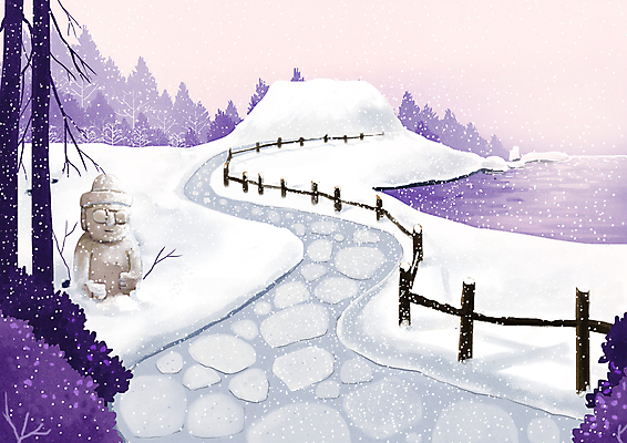 PSD 나무 길 섬 일러스트 풍경 사람없음 제주도 보라색 눈 숲 돌하르방 나무울타리 눈덮임 국내일러스트 자연요소 식물 컬러 컨셉 날씨 한국 울타리 파일형식