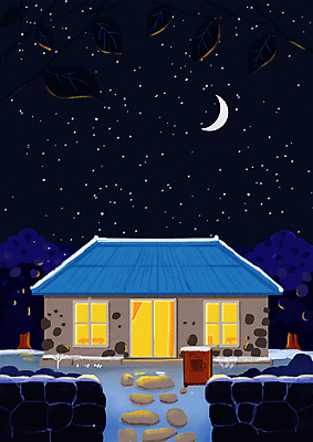 PSD 별 일러스트 밤하늘 주택 돌담 풍경 사람없음 제주도 검은색 달 시골 야간 국내일러스트 자연요소 컬러 하늘 한국 건물 담장 돌_바위 파일형식