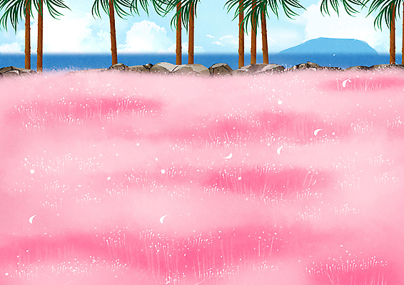 PSD 구름 분홍색 일러스트 풍경 사람없음 야자수 제주도 가득함 핑크뮬리 국내일러스트 자연요소 나무 식물 컬러 한국 파일형식