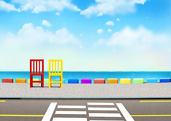 PSD 구름 하늘색 의자 일러스트 하늘 풍경 사람없음 여름 조형물 제주도 횡단보도 해안도로 국내일러스트 자연요소 계절 도로 가구 한국 미술 파란색 보행로 파일형식