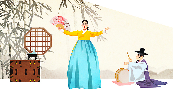 전신 PSD 여자 남자 일러스트 서기 앉기 성인 두명 공연 무대 한복 전통공연 대나무 북 서랍장 북채 접부채 소리꾼 판소리 성인만 국내일러스트 갓모자 나무 모자_잡화 한국전통 전통 가구 모션 타악기 전통소품 사람 이벤트 전통의상 전통부채 파일형식