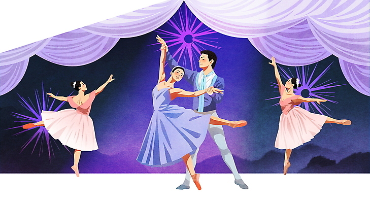 전신 PSD 여자 남자 일러스트 조명 서기 여러명 성인 보라색 무대 커튼 발레 발레리나 발레복 토슈즈 발레동작 발레공연 발레리노 성인만 국내일러스트 옷 컬러 포즈 다수 신발 모션 사람 춤 파일형식