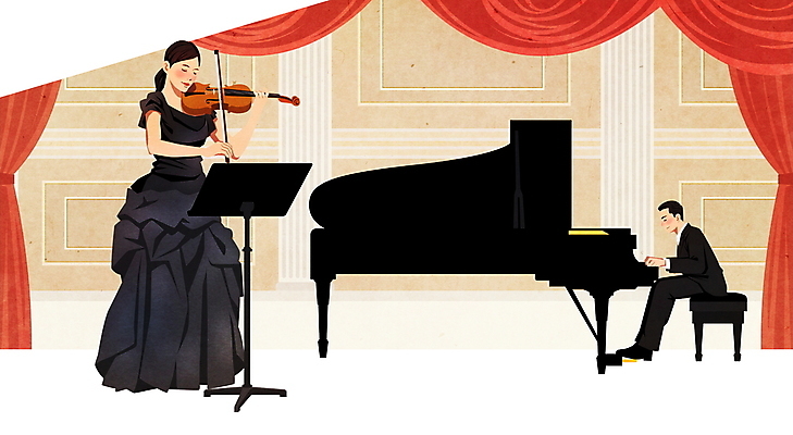 전신 PSD 여자 남자 연주 일러스트 서기 들기 앉기 성인 두명 공연 무대 커튼 피아노 클래식 보면대 바이올린 바이올리니스트 피아니스트 베이지색 성인만 국내일러스트 음악 컬러 컨셉 모션 현악기 사람 이벤트 연주자 건반악기 파일형식