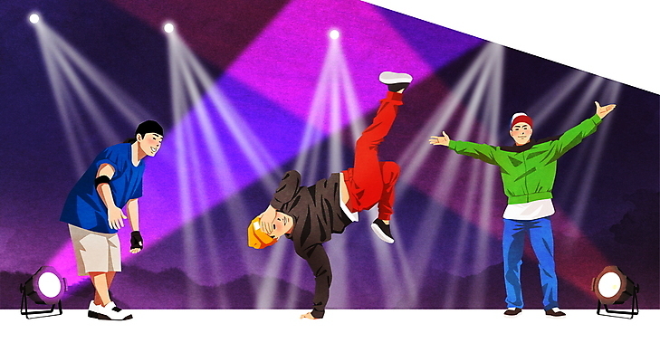 전신 PSD 남자 일러스트 조명 서기 성인 세명 보라색 공연 무대 춤 비보이 배틀 성인남자만 국내일러스트 컬러 모션 문화예술 사람 이벤트 남자만 성인만 파일형식