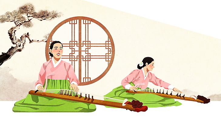 전신 PSD 여자 연주 일러스트 앉기 성인 두명 공연 무대 소나무 한복 전통공연 가야금 전통창문 성인여자만 국내일러스트 나무 한국전통 전통 음악 창문 모션 현악기 국악기 사람 이벤트 전통의상 여자만 성인만 파일형식