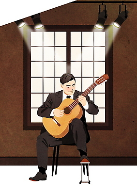 전신 PSD 남자 연주 일러스트 창문 조명 한명 들기 앉기 정장 성인 갈색 공연 무대 클래식기타 기타리스트 성인남자한명만 국내일러스트 1 옷 음악 컬러 모션 사람 이벤트 연주자 기타 남자한명만 성인남자만 파일형식