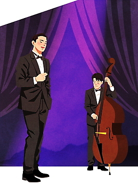 전신 PSD 남자 연주 일러스트 노래 조명 서기 정장 턱시도 성인 두명 보라색 공연 무대 커튼 재즈 재즈가수 콘트라베이스 성인남자만 국내일러스트 옷 음악 컬러 모션 현악기 사람 이벤트 가수 남자만 성인만 파일형식