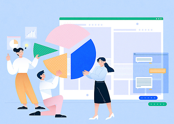 전신 여자 남자 하늘색 말풍선 일러스트 전구 그래프 협력 아이디어 서기 들기 앉기 성인 세명 비즈니스맨 비즈니스우먼 원그래프 인터넷창 채팅 성인만 국내일러스트 AI파일 컨셉 인터넷 비즈니스 모션 사람 파란색 직장인 파일형식 벡터