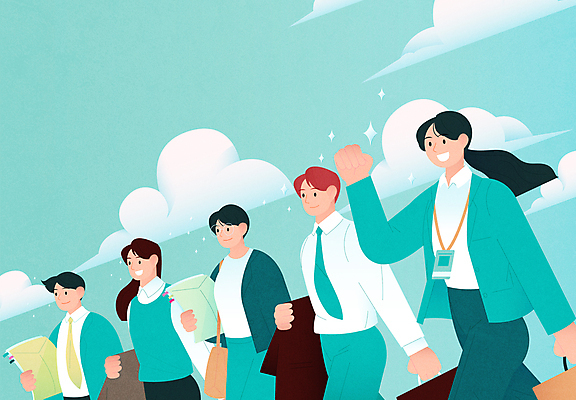 구름 여자 남자 서류가방 일러스트 하늘 들기 정장 여러명 상반신 성인 주먹 비즈니스맨 비즈니스우먼 문서 출근 활기 사원증 민트색 성인만 국내일러스트 AI파일 자연요소 옷 컬러 다수 컨셉 가방 비즈니스 모션 사람 직장인 출퇴근 파일형식 벡터