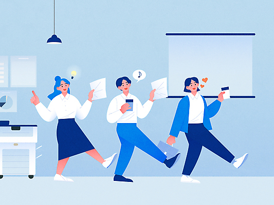 전신 여자 남자 하늘색 말풍선 서류가방 일러스트 전구 협력 아이디어 들기 성인 세명 사무실 걷기 하트 가리킴 비즈니스맨 비즈니스우먼 인쇄기 문서 활기 테이크아웃컵 성인만 국내일러스트 AI파일 모양 컨셉 가방 비즈니스 모션 사람 손짓 컵 파란색 전자제품 직장인 파일형식 벡터