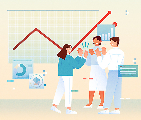 전신 여자 남자 화살표 일러스트 그래프 협력 서기 정장 성인 세명 기쁨 성장 비즈니스맨 비즈니스우먼 상승 하이파이브 베이지색 얼굴없음 성인만 국내일러스트 AI파일 옷 감정 컬러 컨셉 비즈니스 모션 사람 손짓 직장인 파일형식 벡터