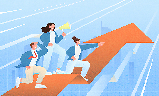 전신 여자 남자 화살표 하늘색 일러스트 협력 서기 들기 앉기 정장 성인 세명 확성기 성장 가리킴 도시 비즈니스맨 비즈니스우먼 리더 상승 리더쉽 얼굴없음 성인만 국내일러스트 AI파일 옷 컨셉 비즈니스 모션 사람 손짓 파란색 직장인 파일형식 벡터