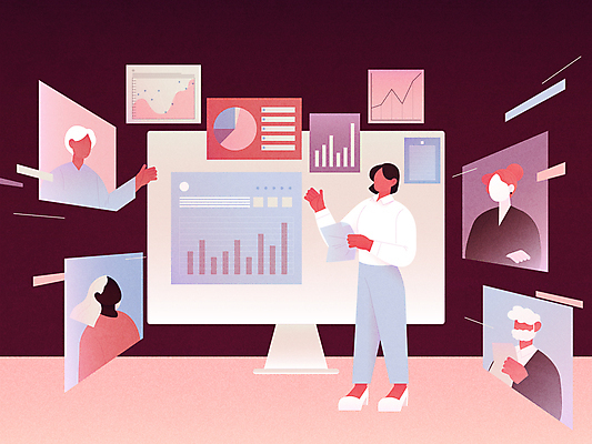 전신 여자 남자 일러스트 회의 그래프 서기 들기 여러명 상반신 성인 모니터 가리킴 비즈니스맨 비즈니스우먼 자주색 프레젠테이션 문서 화상통화 얼굴없음 성인만 국내일러스트 AI파일 컬러 다수 비즈니스 모션 사람 손짓 컴퓨터 직장인 통화 파일형식 벡터