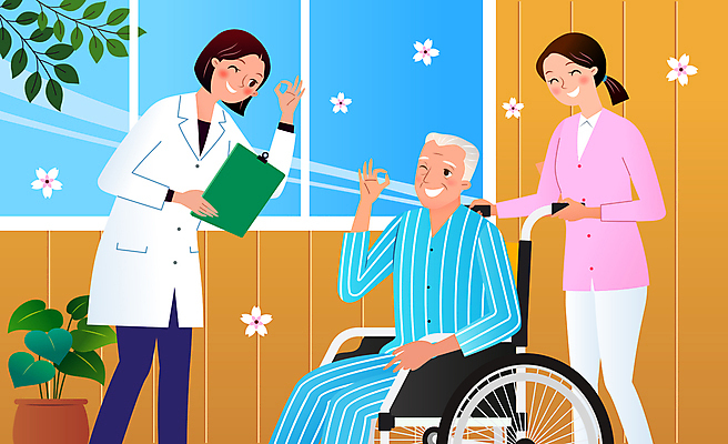 여자 할아버지 노년 남자 꽃 화분 일러스트 창문 윙크 앉기 상반신 성인 세명 환자 간호사 의사 OK 휠체어 노인복지 사회복지사 의료비 지원 국내일러스트 AI파일 식물 직업 의학 모션 표정 사람 손짓 의료진 사회복지 복지 파일형식 벡터 비용