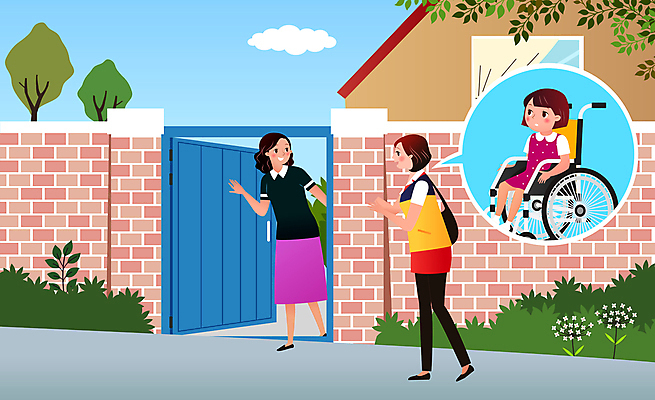 전신 나무 구름 여자 어린이 말풍선 일러스트 의학 엄마 주택 서기 앉기 소녀 성인 세명 장애인 복지 휠체어 대문 방문 벽돌담 사회복지사 재활 지원 여자만 장애인복지 국내일러스트 AI파일 자연요소 식물 직업 가족 모션 벽돌 사람 건물 치료 담장 문 사회이슈 사회복지 장애 파일형식 벡터