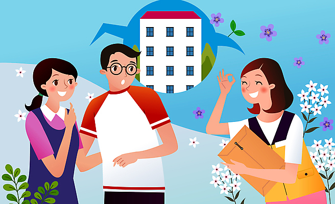 여자 남자 꽃 하늘색 말풍선 일러스트 나뭇잎 서류봉투 주택 들기 상반신 성인 세명 OK 복지 문서 사회복지사 서민주택지원 지원 성인만 지원금 주거지원사업 국내일러스트 AI파일 식물 직업 잎 모션 봉투 사람 손짓 건물 파란색 사회이슈 사회복지 정부정책 파일형식 벡터