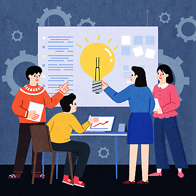 전신 PSD 여자 남자 화살표 의자 일러스트 전구 미래 아이디어 서기 들기 앉기 여러명 청년 성인 파란색 노트북 가리킴 책상 톱니바퀴 문서 정부정책 성인만 청년정책 국내일러스트 컬러 가구 다수 컨셉 모션 사람 손짓 전자제품 복지 정책 파일형식