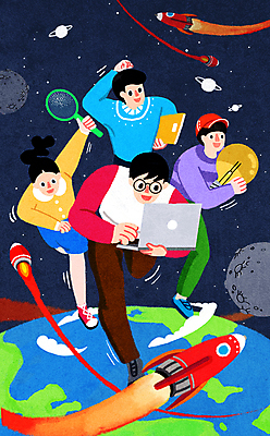 PSD 여자 남자 지구 일러스트 전구 돋보기 들기 여러명 성인 책 노트북 달리기 우주 행성 로켓 남색 정부정책 성인만 청년정책 국내일러스트 컬러 다수 모션 사람 전자제품 복지 정책 파일형식