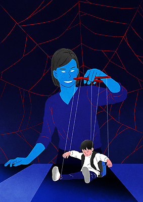 전신 PSD 여자 남자 어린이 일러스트 들기 소년 상반신 성인 두명 파란색 범죄 거미줄 통제 아동학대 꼭두각시인형 피해자 가해자 가스라이팅 국내일러스트 모자관계 아들 인형 컬러 가족 모션 엄마 사람 피해 학대 파일형식