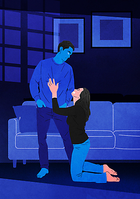전신 PSD 커플 여자 남자 일러스트 매달리기 성인 두명 파란색 소파 범죄 무릎꿇기 주머니손 무시 피해자 성인만 내려보기 가해자 가스라이팅 국내일러스트 컬러 의자 관계 모션 사람 피해 학대 파일형식