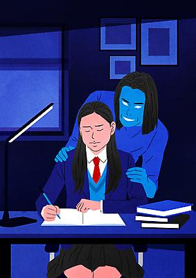 PSD 여자 교복 일러스트 청소년 모녀 들기 앉기 상반신 성인 두명 책 파란색 펜 귓속말 통제 학대 심리 피해자 여자만 어깨에손 가해자 가스라이팅 국내일러스트 옷 딸 컬러 가족 모션 엄마 사람 필기구 피해 사회이슈 파일형식