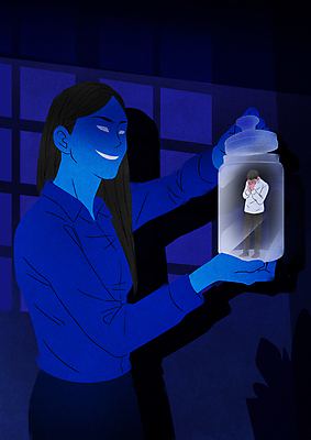 전신 PSD 커플 여자 남자 일러스트 관계 유리병 고개숙이기 서기 들기 상반신 성인 두명 파란색 범죄 통제 구속 얼굴가리기 무시 피해자 성인만 가해자 가스라이팅 국내일러스트 컬러 컨셉 모션 병_용기 숙이기 사람 피해 가림 학대 파일형식