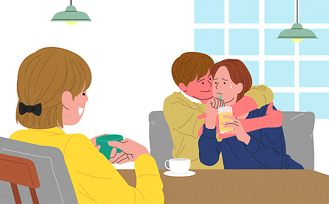 여자 남자 커피 의자 일러스트 포옹 탁자 조명 잔 들기 상반신 성인 세명 친구 다정 주스 카페 속임수 커피잔 거짓 성인만 데이트폭력 불편함 국내일러스트 AI파일 식기 음료 가구 컨셉 관계 안기 모션 사람 상점 폭력 감각 파일형식 벡터