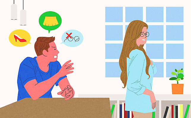 여자 남자 화분 안경 말풍선 일러스트 창문 조명 책장 말하기 상반신 성인 두명 치마 하이힐 X 통제 지적 강요 성인만 안경낌 데이트폭력 국내일러스트 AI파일 알파벳 잡화 구두 가구 컨셉 모션 하의 사람 폭력 여성화 파일형식 벡터