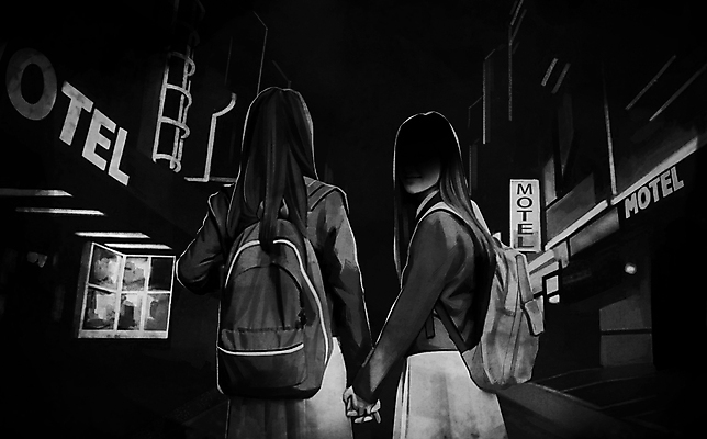 PSD 여학생 여자 교복 일러스트 청소년 거리 책가방 상반신 두명 건물 손잡기 검은색 뒤돌아보기 사회이슈 여관 가출 가출청소년 성매매 십대여자만 국내일러스트 학생 건축물 옷 컬러 컨셉 가방 모션 숙소 사람 여자만 십대만 파일형식