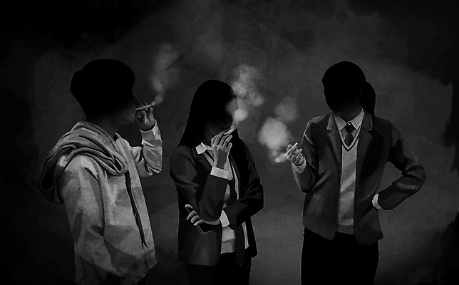 PSD 학생 여자 남자 교복 허리손 일러스트 청소년 흡연 담배 들기 상반신 세명 검은색 사회이슈 담배연기 가출 가출청소년 불량청소년 흡연자 십대만 국내일러스트 옷 컬러 포즈 컨셉 모션 사람 연기 파일형식