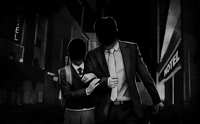 PSD 여학생 여자 남자 교복 일러스트 청소년 상반신 성인 두명 건물 팔짱 검은색 사회이슈 여관 가출 가출청소년 성매매 성범죄 얼굴없음 국내일러스트 학생 건축물 옷 컬러 컨셉 모션 숙소 사람 범죄 파일형식