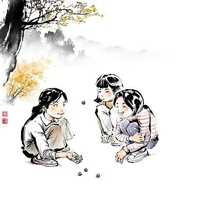 전신 PSD 나무 여자 어린이 일러스트 캘리그라피 붓터치 나뭇잎 산 함께함 웃음 소녀 세명 친구 전통놀이 던지기 추억 즐거움 자매 과거 번짐 낙관 동생 언니 웅크림 공기놀이 옛날 공기돌 소녀만 국내일러스트 식물 전통 감정 컨셉 잎 가족 관계 모션 놀이 표정 사람 여자만 어린이만 파일형식 효과
