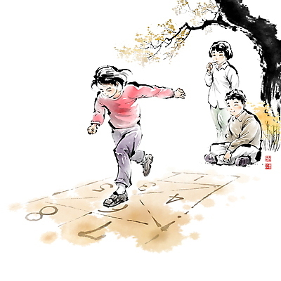 전신 PSD 나무 여자 남자 어린이 일러스트 캘리그라피 붓터치 나뭇잎 함께함 남매 서기 앉기 소녀 소년 세명 친구 달리기 점프 전통놀이 추억 구경 즐거움 과거 번짐 낙관 동생 언니 누나 땅따먹기 옛날 오빠 어린이만 국내일러스트 식물 전통 감정 컨셉 잎 가족 관계 모션 놀이 사람 자매 파일형식 효과