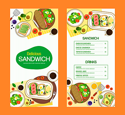 접시 커피 포크 일러스트 방울토마토 샌드위치 사람없음 주황색 샐러드 식탁보 소스 나이프 바게트 커피잔 식빵 햄 메뉴판 뒤집개 삶은계란 아보카도 건강식 스프레드 국내일러스트 AI파일 식기 음료 음식 빵 컬러 토마토 과일 주방용품 잔 육류 계란 양념 칼 계란요리 파일형식 벡터