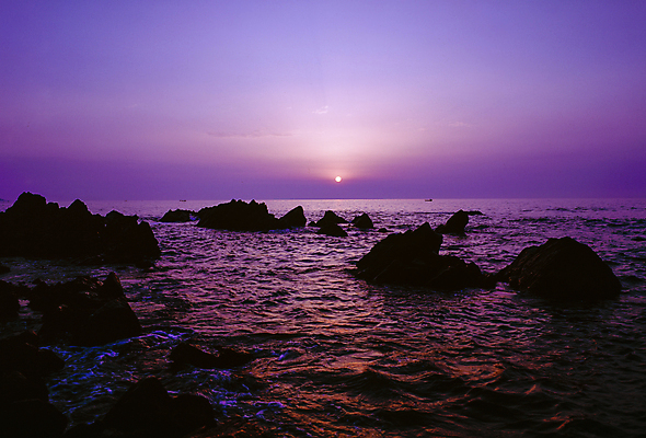 포토 JPG 바다 자연 하늘 풍경 사람없음 야외 태양 보라색 바위 야간 저녁 암초 국내포토 자연요소 컬러 돌_바위 생태계 파일형식