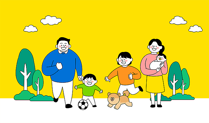 전신 나무 구름 공원 여자 남자 딸 행복 반려견 아들 어린이 일러스트 축구공 가족 안기 엄마 서기 소녀 소년 여러명 성인 부모 달리기 노란색 축구 자녀 아기 아빠 강아지 국내일러스트 AI파일 자연요소 식물 공공시설 감정 컬러 다수 공 축구용품 관계 모션 사람 반려동물 구기 개 파일형식 벡터