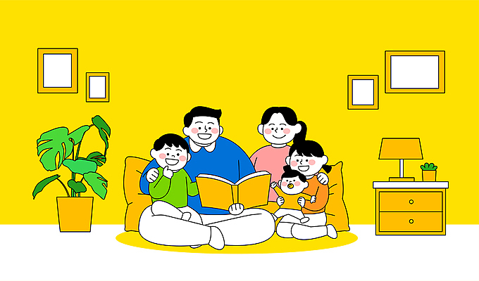 전신 여자 남자 딸 행복 화분 아들 어린이 액자 쿠션 일러스트 가족 엄마 조명 앉기 소녀 소년 여러명 성인 책 부모 독서 노란색 자녀 아기 아빠 국내일러스트 AI파일 감정 컬러 다수 관계 모션 사람 파일형식 벡터