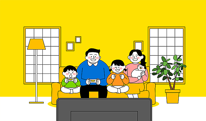 전신 여자 남자 딸 행복 화분 아들 어린이 액자 일러스트 창문 가족 엄마 조명 들기 앉기 소녀 소년 여러명 성인 부모 소파 노란색 텔레비전 게임 자녀 아기 아빠 게임기 국내일러스트 AI파일 감정 컬러 다수 의자 관계 모션 놀이 사람 전자제품 파일형식 벡터