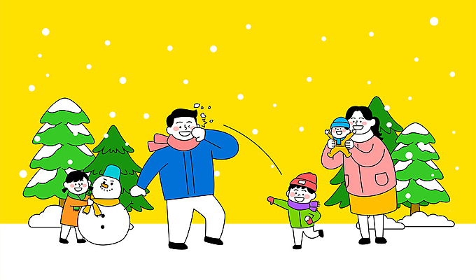 전신 나무 여자 남자 딸 행복 아들 어린이 겨울 일러스트 가족 눈사람 엄마 서기 들기 소녀 소년 여러명 성인 부모 노란색 자녀 눈 아기 던지기 아빠 즐거움 눈싸움 눈사람만들기 들어올리기 국내일러스트 AI파일 자연요소 식물 계절 감정 컬러 다수 관계 모션 날씨 눈_날씨 사람 싸움 만들기 파일형식 벡터