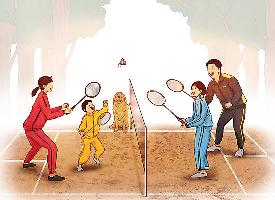 전신 PSD 나무 한마리 공원 여자 남자 딸 행복 반려견 아들 어린이 일러스트 가족 엄마 건강 사랑 서기 들기 소녀 소년 여러명 성인 운동복 갈색 화목 배드민턴라켓 아빠 셔틀콕 배드민턴 배드민턴장 국내일러스트 식물 1 옷 공공시설 감정 스포츠용품 컬러 다수 컨셉 관계 모션 사람 반려동물 구기 라켓 개 파일형식