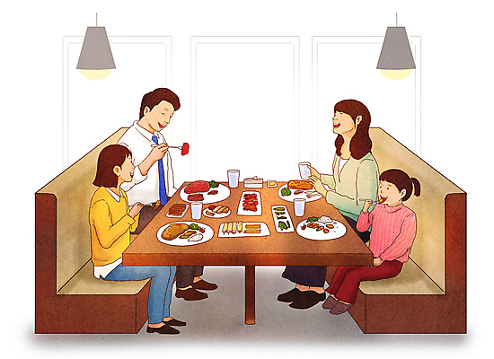 전신 PSD 여자 남자 딸 행복 어린이 음식 포크 의자 일러스트 창문 가족 식탁 엄마 전등 사랑 들기 앉기 소녀 여러명 성인 갈색 레스토랑 식사 화목 아빠 먹기 외식 국내일러스트 식기 감정 컬러 가구 다수 컨셉 관계 모션 탁자 조명 사람 식당 파일형식